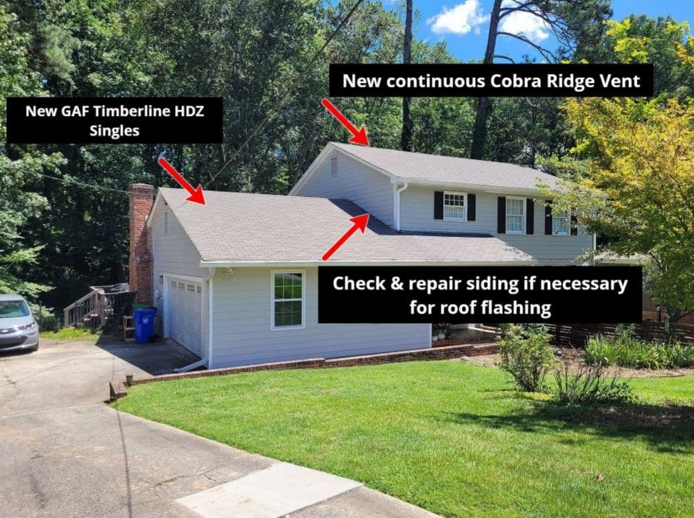 Suburban house with new gray shingles and a Cobra Ridge Vent. Text highlights roofing upgrades and advises checking siding for flashing repairs. Bright, sunny day.