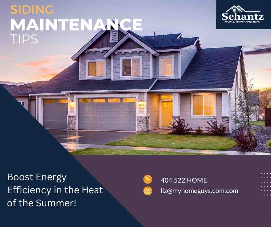 A cozy suburban home at sunset, highlighting siding maintenance. Text overlay: "Siding Maintenance Tips". Contact details for Schantz Home Improvement.