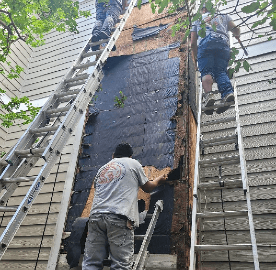 Three workers stand on ladders repairing house siding. They peel back damaged layers, exposing a dark underlayment. Sunlight filters through tree leaves.