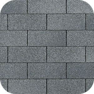 Close-up of gray asphalt shingles arranged in straight horizontal rows. The textured surface gives a rugged, industrial feel.
