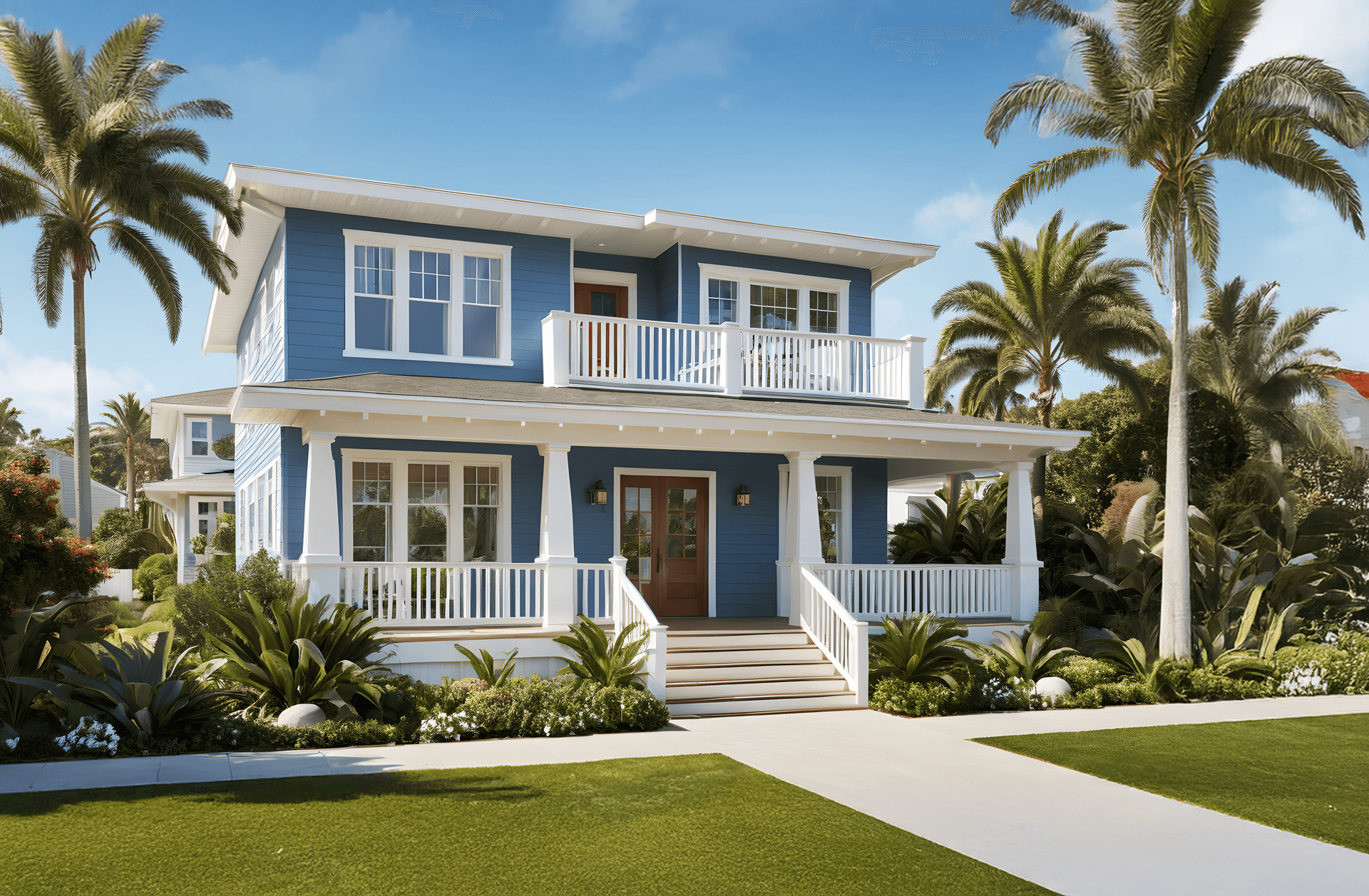 A charming two-story blue house with white trim, surrounded by lush greenery and palm trees. The atmosphere is bright and welcoming under a clear blue sky.