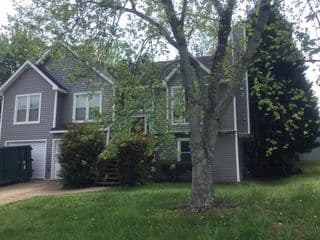 A two-story gray house with white trim is partially obscured by a leafy tree. The front yard is grassy, and a driveway leads to a garage. The scene is calm.
