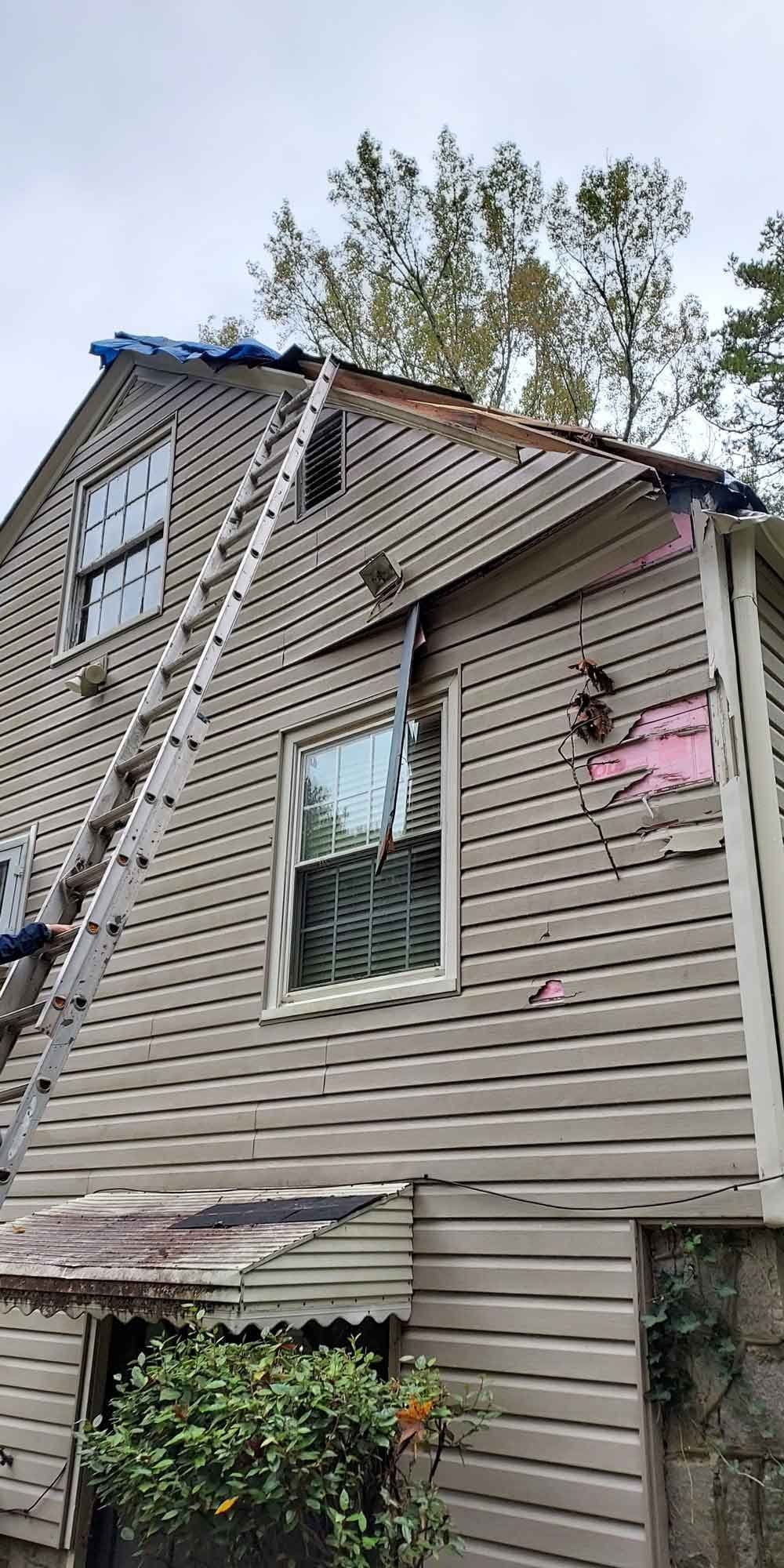Damaged house exterior with broken siding and roof. A ladder leans against the house, and nearby plants grow under an overhang, conveying a scene of repair.