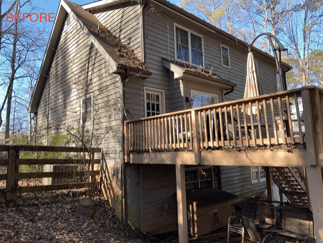 Two-story house with weathered wooden siding, cluttered deck, and surrounding bare trees. "Before" in red text; evokes neglect and wear.